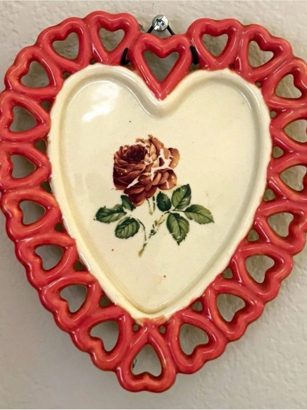 Vintage Ceramic Heart Wall Hanging Rose Floral Red Pink Cottagecore Decor
